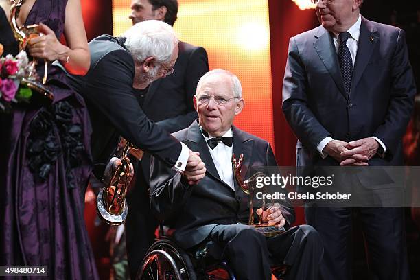 Wolfgang Schaeuble with award on stage during the Bambi Awards 2015 show at Stage Theater on November 12, 2015 in Berlin, Germany.