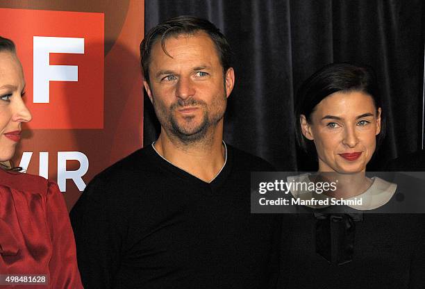 Philipp Hochmair and Martina Ebm pose during the 'Vorstadtweiber' photo call at 25Hours Hotel Vienna on November 23, 2015 in Vienna, Austria.