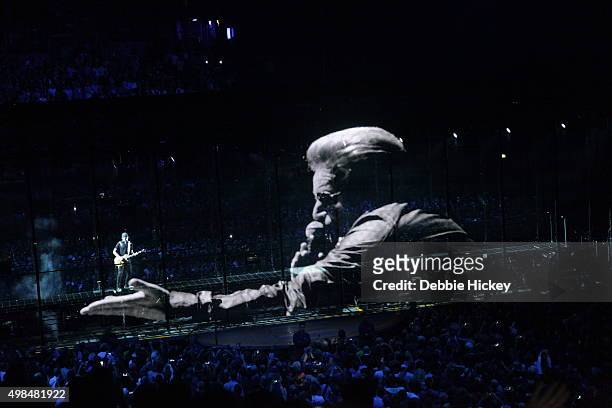Musicians The Edge and Bono of U2 perform on stage at 3 Arena on November 23, 2015 in Dublin, Ireland.