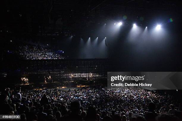 Musicians The Edge, Larry Mullen Jr., Bono and Adam Clayton of U2 perform onstage during of U2 performs at 3 Arena on November 23, 2015 in Dublin,...