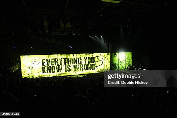 Musicians The Edge, Larry Mullen Jr., Bono and Adam Clayton of U2 perform onstage during of U2 performs at 3 Arena on November 23, 2015 in Dublin,...