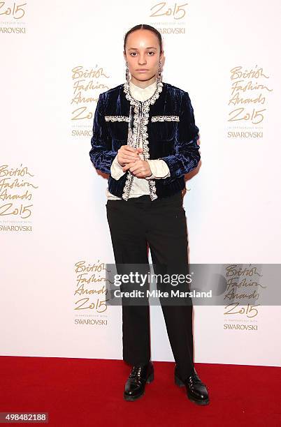 Grace Wales Bonner, winner of the Emerging Talent Award, poses in the Winners Room at the British Fashion Awards 2015 at London Coliseum on November...