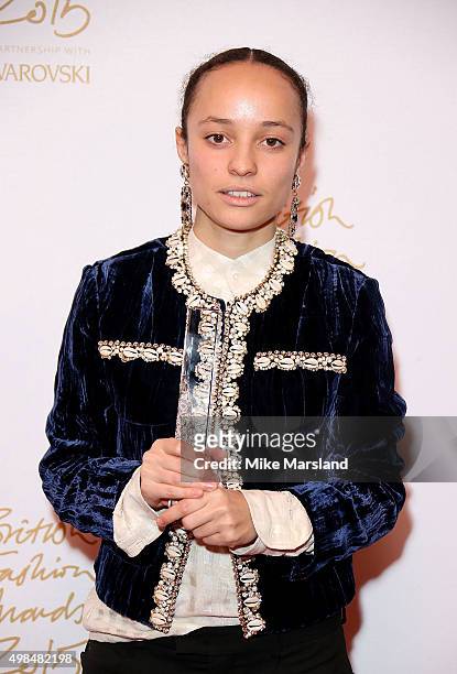 Grace Wales Bonner, winner of the Emerging Talent Award, poses in the Winners Room at the British Fashion Awards 2015 at London Coliseum on November...