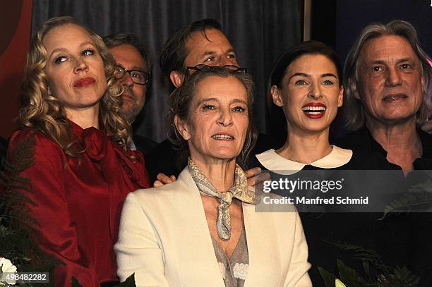 Nina Proll, Kathrin Zechner, Martina Ebm and Harald Sicheritz pose during the 'Vorstadtweiber' photo call at 25Hours Hotel Vienna on November 23,...