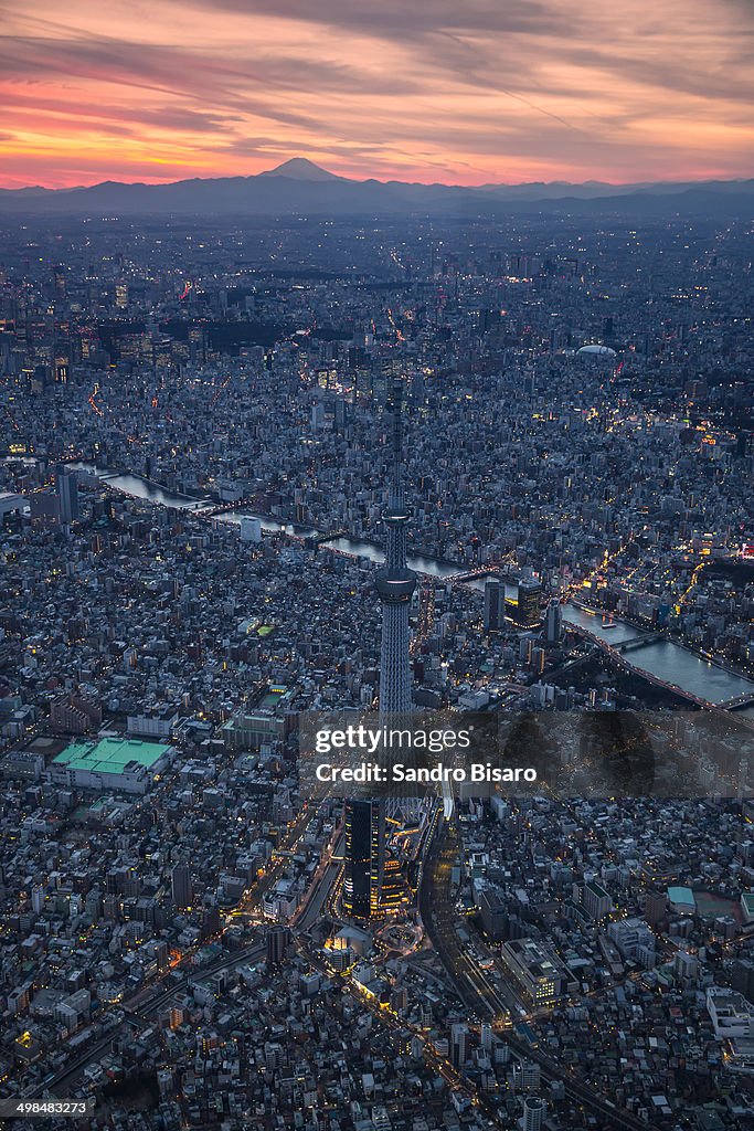 Tokyo Skytree skyline  at sunset aerial view