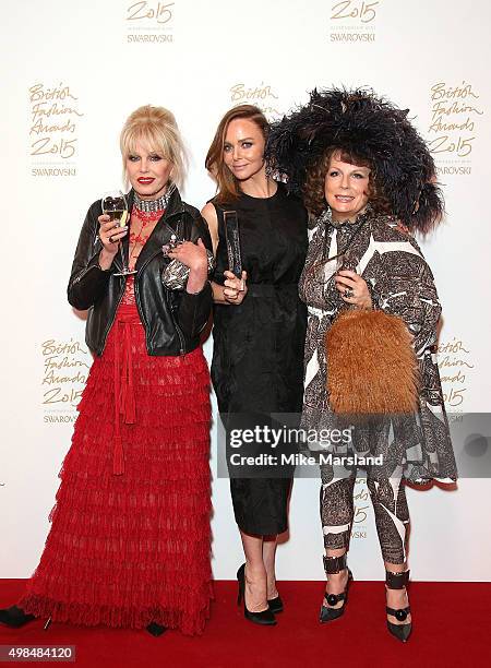 Stella McCartney with Joanna Lumley and Jennifer Saunders in character as Edina and Patsy in the Winners Room at the British Fashion Awards 2015 at...
