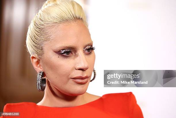 Lady Gaga poses in the Winners Room at the British Fashion Awards 2015 at London Coliseum on November 23, 2015 in London, England.