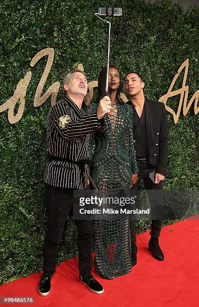 Antoine de Caunes, Riley Montana and Olivier Rousteing attend the British Fashion Awards 2015 at London Coliseum on November 23, 2015 in London,...
