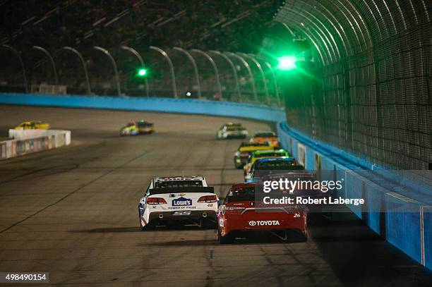 Drivers race during the NASCAR Sprint Cup Series Quicken Loans Race for Heroes 500 at Phoenix International Raceway on November 15, 2015 in Avondale,...