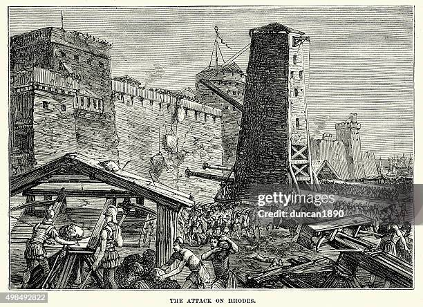 stockillustraties, clipart, cartoons en iconen met ancient greece - siege of rhodes (305 bc) - belegering