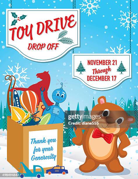 toy drive oder weihnachten charity-poster-vorlage - wohltätigkeitsaktion stock-grafiken, -clipart, -cartoons und -symbole
