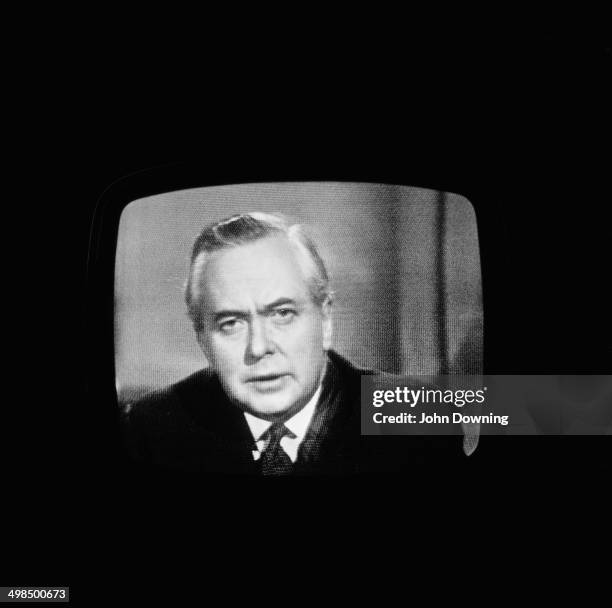 Newly-elected British Prime Minister Harold Wilson speaking on television, UK, 26th October 1964.