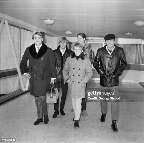 American rock band The Beach Boys at London Airport, UK, 1st November 1964. From left to right, Carl Wilson, Dennis Wilson, Al Jardine, Brian Wilson...