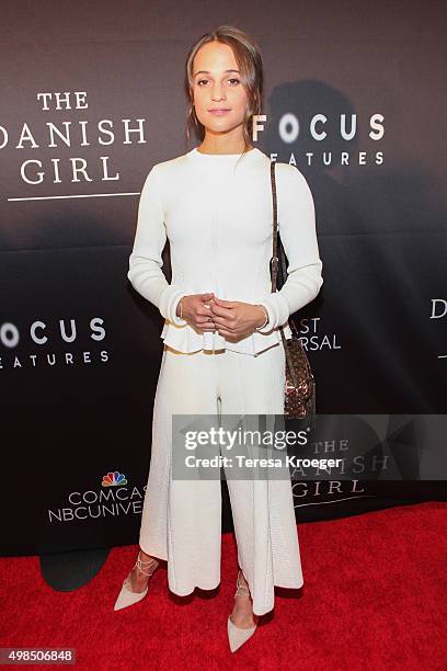 Actress Alicia Vikander attends the premiere of "The Danish Girl" commemorating the Annual Transgender Day of Remembrance at the United States Navy...