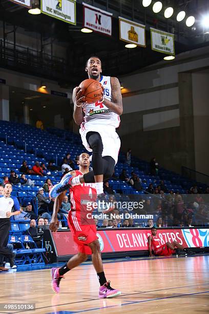 Jordan McRae of the Delaware 87ers shoots against Jaron Johnson of the Rio Grande Valley Vipers during the game on November 23, 2015 at Bob Carpenter...