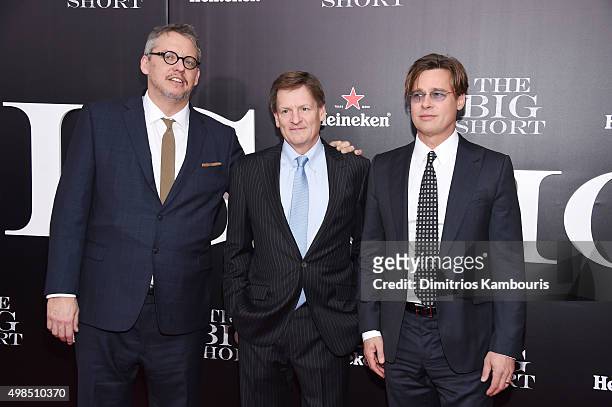 Director Adam McKay, writer Michael Lewis, and actor Brad Pitt attend the premiere of "The Big Short" at Ziegfeld Theatre on November 23, 2015 in New...