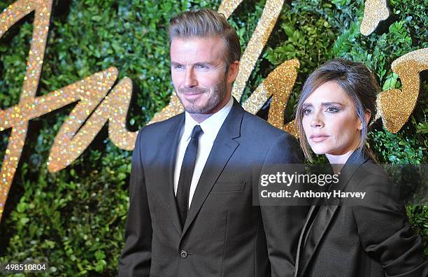 Id Beckham and Victoria Beckham attend the British Fashion Awards 2015 at London Coliseum on November 23, 2015 in London, England.