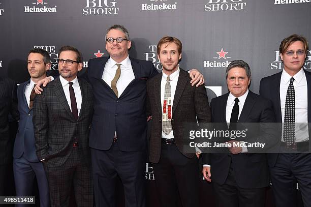 Jeremy Strong, Steve Carell, Adam McKay, Ryan Gosling, Brad Grey and Brad Pitt attend the premiere of "The Big Short" at Ziegfeld Theatre on November...