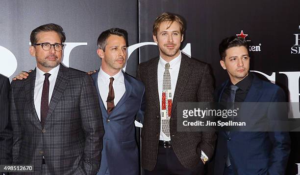 Actors Steve Carell, Jeremy Strong, Ryan Gosling and John Magaro attend the "The Big Short" New York premiere at Ziegfeld Theater on November 23,...