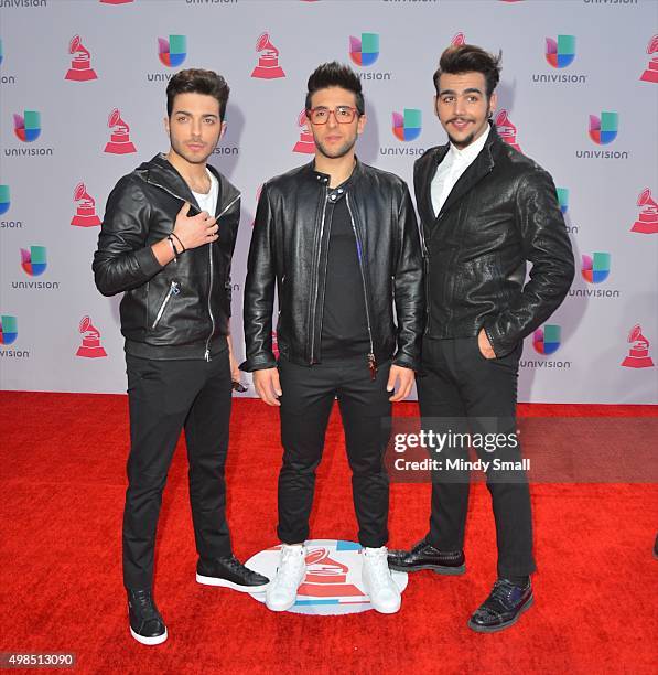 Gianluca Ginoble, Piero Barone and Ignazio Boschetto of musical group Il Volo attend the 16th Latin GRAMMY Awards at the MGM Grand Garden Arena on...