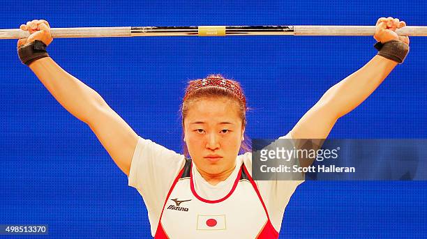 Mikiko Andoh of Japan competes in the women's 58kg weight class during the 2015 International Weightlifting Federation World Championships at the...