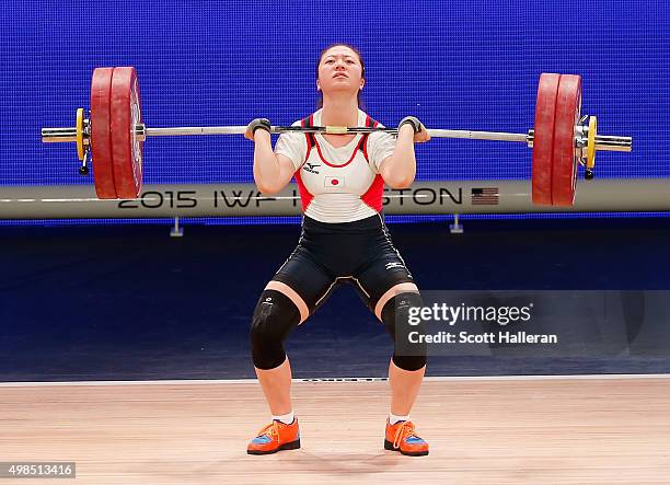 Mikiko Andoh of Japan competes in the women's 58kg weight class during the 2015 International Weightlifting Federation World Championships at the...