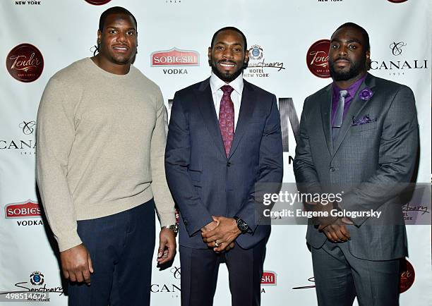 Brickashaw Ferguson, Antonio Cromartie, and Demario Davis attend the GOTHAM Men's event with host Antonio Cromartie at Tender Restaurant in The...