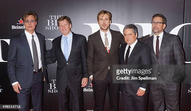 Actor Brad Pitt, writer Michael Lewis, actor Ryan Gosling, chairman and CEO of Paramount Pictures Brad Grey and actor Steve Carell attend the "The...