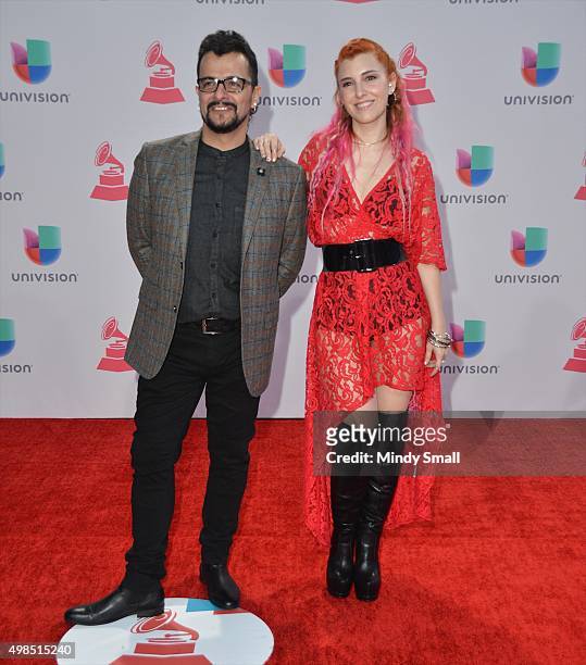 Jorge 'Chiquis' Amaro and Maria Barracuda of the musical group Jotdog attend the 16th Latin GRAMMY Awards at the MGM Grand Garden Arena on November...
