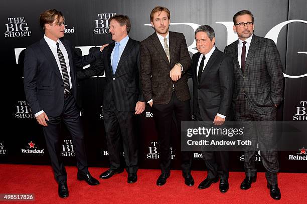 Brad Pitt, Michael Lewis, Ryan Gosling, Brad Grey and Steve Carell attend "The Big Short" New York premiere at Ziegfeld Theater on November 23, 2015...