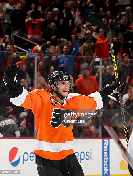 Shayne Gostisbehere of the Philadelphia Flyers celebrates his game winning goal in overtime against the Carolina Hurricanes on November 23, 2015 at...