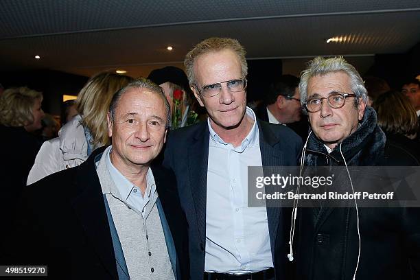 Patrick Braoude, Christophe Lambert and Michel Boujenah attend The 'Un + Une' Paris premiere party At Club 13 on November 23, 2015 in Paris, France.