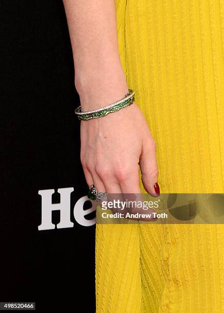 Lily Rabe, jewelry detail, attends "The Big Short" New York premiere at Ziegfeld Theater on November 23, 2015 in New York City.