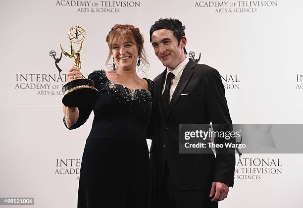 Award Winner for Best Performance By An Actress Anneke von der Lippe (as Helen Sikkeland for Qevitne celebrates with Presenter Robin Lord Taylor at...