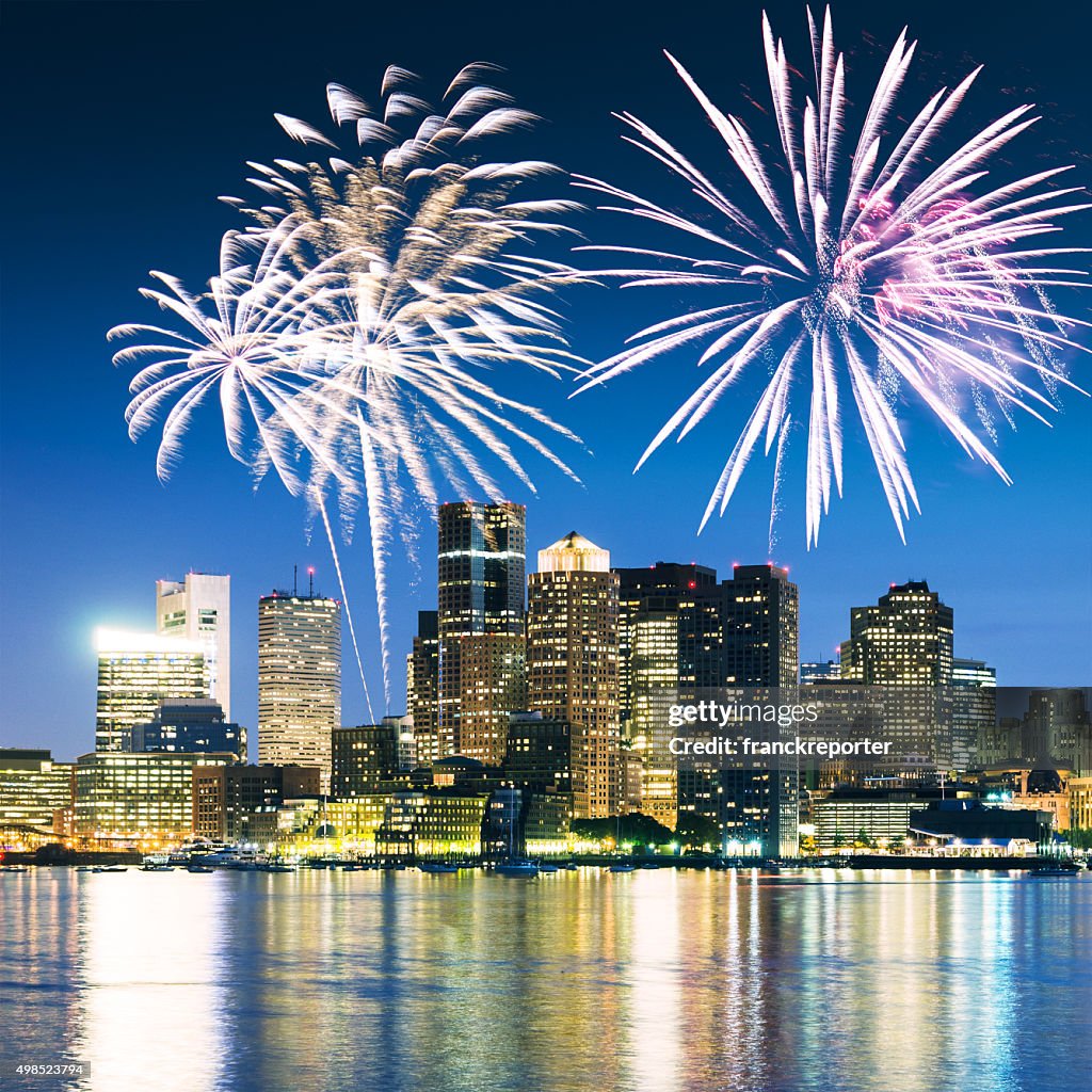 Bostonon the night with fireworks for the new year