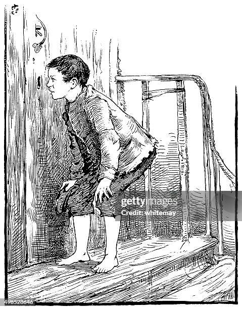 small boy looking through a keyhole - looking through keyhole stock illustrations