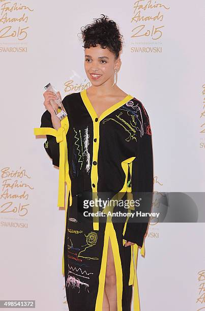 Twigs poses in the Winners Room at the British Fashion Awards 2015 at London Coliseum on November 23, 2015 in London, England.
