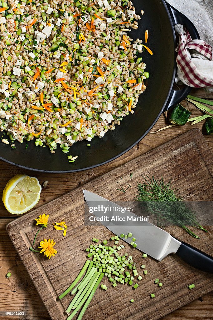 Spelt salad with garlic shoots