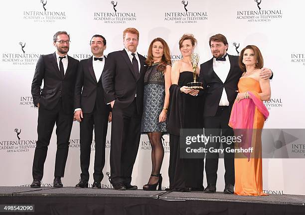 Award Winners for Drama Series for 'Engrenages Saison 5' including producers Vassili Clert and Anne Landois pose with presenters Tovah Feldshuh and...