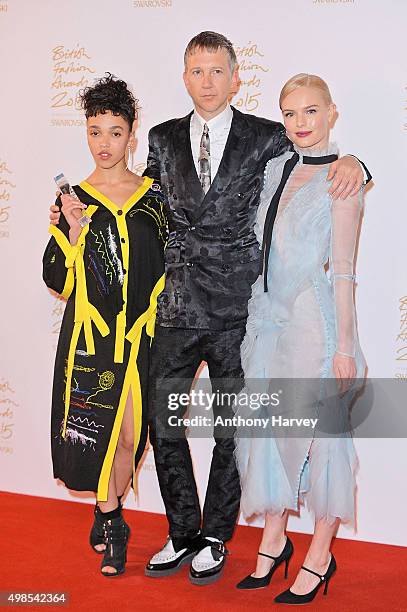 Twigs, Jefferson Hack and Kate Bosworth pose in the Winners Room at the British Fashion Awards 2015 at London Coliseum on November 23, 2015 in...