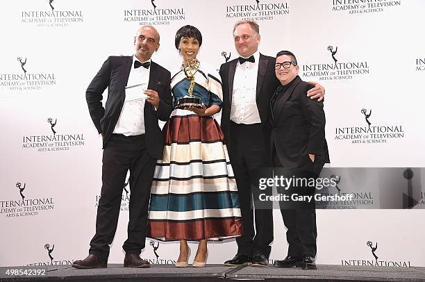 Award Winners for Documentary for 'Miners Shot Down' including director Rehad Desai actress Lala Tuku, and Cinematographer Jonathan Kovel pose for...