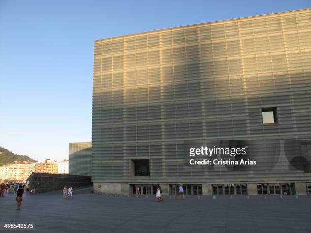 Facade on the evening of the Kursaal, the conference center and auditorium designed by the architect Rafael Moneo in 1999, San Sebastian , Guipuzcoa,...