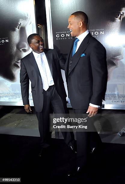 Dr. Bennet Omalu and actor Will Smith attend Screening of Columbia Pictures' 'Concussion' at the Regency Village Theatre on November 23, 2015 in...