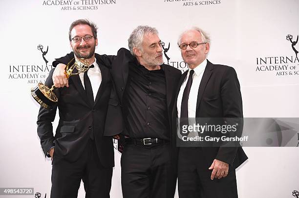 Award winners for TV Movie/Mini-Series, 'Soldat Blanc' from France, Director Erick Zonca and producer Georges Campana pose for pictures during the...