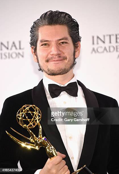 Award winner for Best Performance By An Actor Maarten Heijmans poses for pictures during the 43rd International Emmy Awards press room reception on...