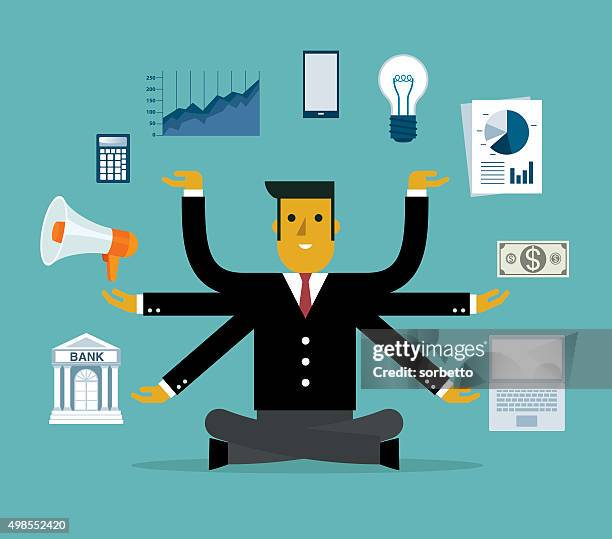 businessman multitasking with multiple arms - multitasking stock illustrations