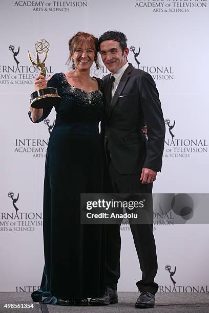 Award Winner for Best Performance By An Actress Anneke von der Lippe (as Helen Sikkeland for Qevitne celebrates with Presenter Robin Lord Taylor at...