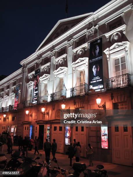 Facade of the Spanish Theatre In Madrid illuminated at night, Spain, 15th March 2014.