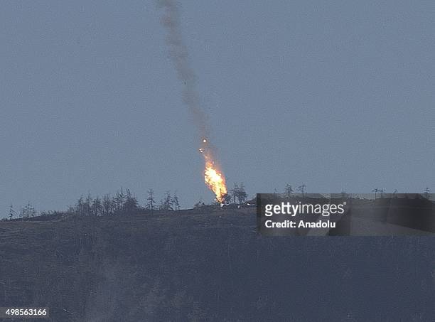 Russian warplane goes down in Syria's northwestern Turkmen town of Bayirbucak near Turkeys border on November 24, 2015.