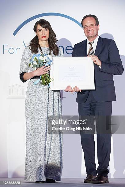Maria Borisova and Georges Chichmanov, General Secretary of L'Oreal Russia at the IX L'Oreal-UNESCO Award Ceremony 'For Women In Science' at The...